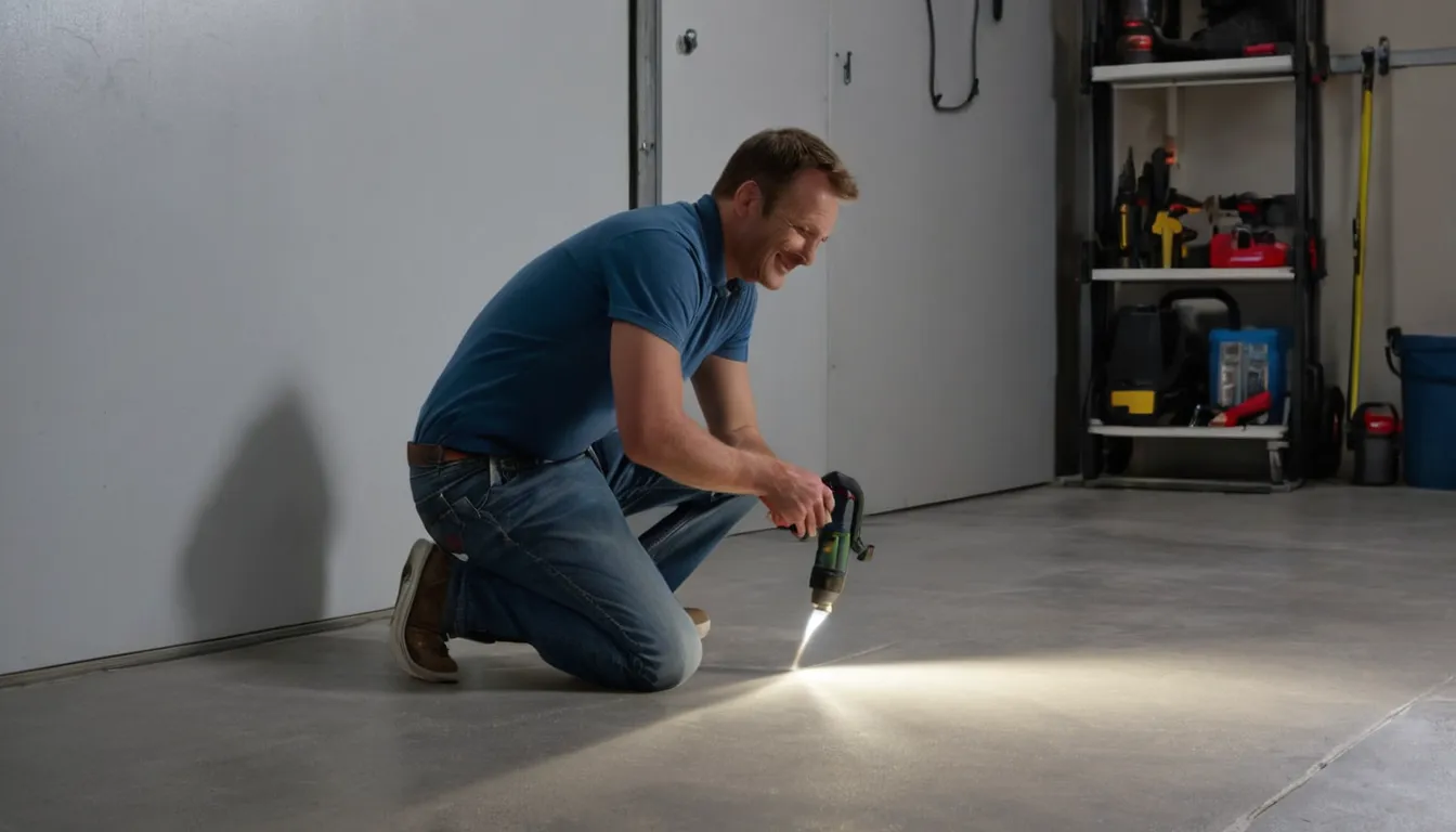 A provider checking a concrete garage slab for cracks in the Vernon area