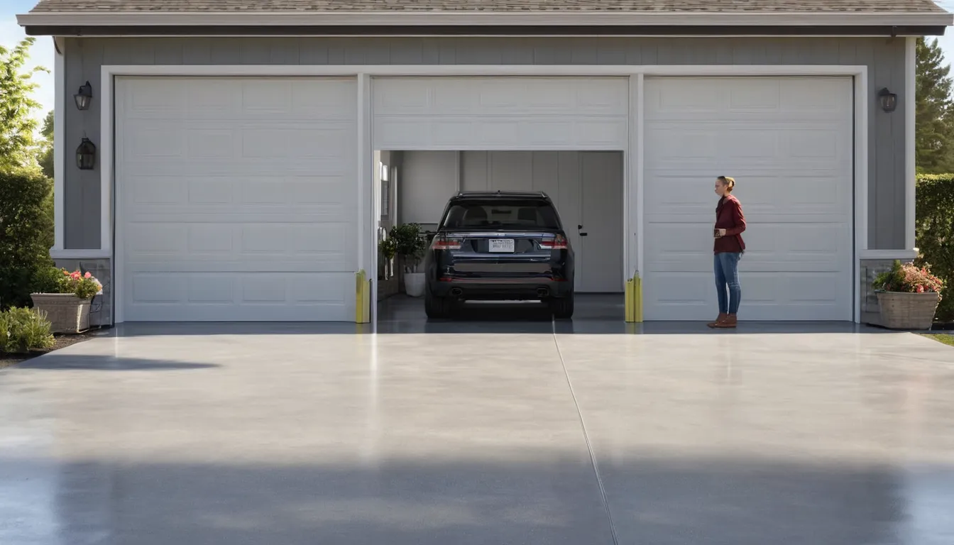 A clean, newly coated garage floor in Vernon with a car parked beside shelves